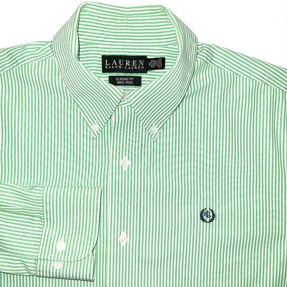 Lauren Ralph Lauren Non Iron Button Down Striped Shirt Men 16 34/35 Green White - Picture 1 of 8